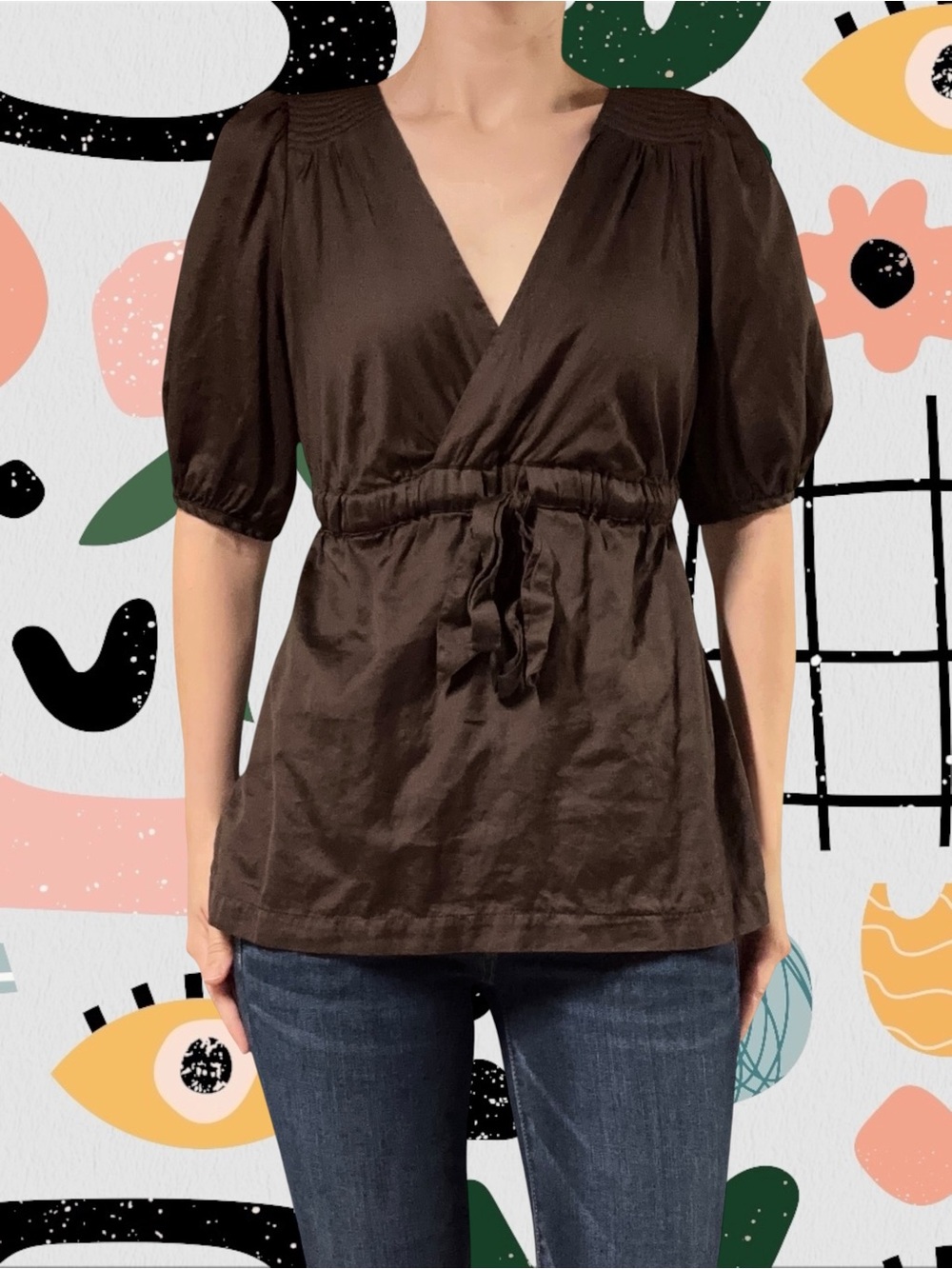 a.n.a. | Brown Puff Sleeve Drawstring Waist Babydoll Top